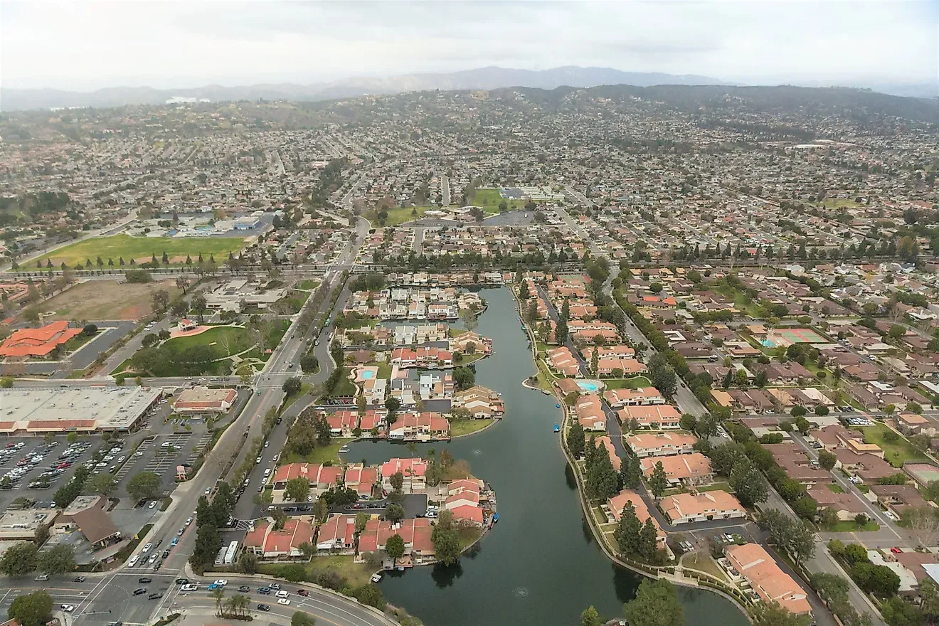 Aerial view of Oxnard neighborhoods and channels, California